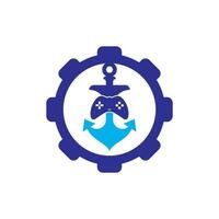 Spiel-Anker-Zahnradform-Konzept-Logo-Vorlage. Joystick und Ankerlogo. Joystick und Ankersymbol. vektor