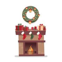jul öppen spis med strumpor, dekorationer, presentförpackningar, ljus, strumpor och krans på en vit bakgrund. mysig platt tecknad stil vektorillustration. vektor