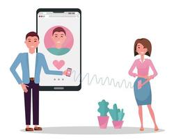 uppkopplad dejting app användare. man och kvinna bekantskap i social nätverk. flicka är i kärlek med en man från dejting webbplats. kille står Nästa till stor smartphone med hans webb profil på skärm.platt tecknad serie vektor