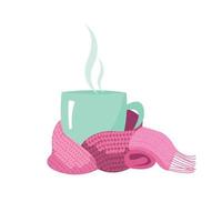 eine Tasse in einem Schal. Tasse, eingewickelt in einen gestrickten warmen Schal. wärmende Atmosphäre zum Abhängen. flache karikaturartillustration auf weißem hintergrund. vektor