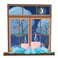 små och stor rosa råna insvept i en ljus blå scarf och stående på de fönsterkarm mot de bakgrund av vinter- kväll fönster. muggar bunden tillsammans uppvärmningen scarf. platt tecknad serie vektor illustration