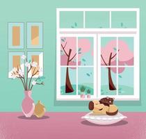 Fenster mit Blick auf rosa blühende Bäume und fliegende Blätter. frühlingsinterieur mit schlafender katze und hund, vasen, bilder auf minttapete. süßes Zuhause. gemütliches Interieur. flache Cartoon-Vektor-Illustration. vektor