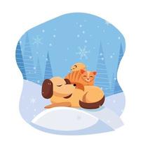 husdjur sover bekvämt på snödriva i snöig skog. katt sover på hund, hamster sover på katt. dess snöar med stor snöflingor. platt tecknad serie vektor illustration