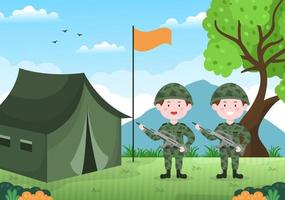 militärische armee vorlage handgezeichnete niedliche cartoon flache illustration mit soldat, waffe, panzer oder schützender schwerer ausrüstung