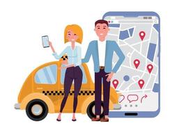 sammansättning av leende män och kvinnor på de bakgrund av en små gul taxi och en enorm smartphone med en geolokalisering tecken på Karta. ring upp en taxi förbi uppkopplad app begrepp. vektor platt tecknad serie illustration