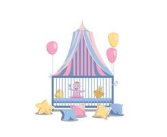 bebis i en säng under en tabby tak. liten flicka i de lekhage, dekorerad med rosa ballonger och färgrik kuddar. dess en flicka vektor platt tecknad serie illustration isolerat i vit bakgrund