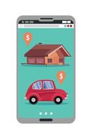 Smartphone mit Immobilien- und Autoverkaufs-Marktplatzanwendung mit Haus- und kleinen klassischen Stadtautos mit Preisschildern. online-shopping-app auf dem handy-bildschirm. flache cartoon-vektorillustration. vektor