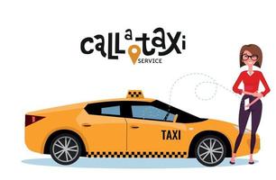 Rufen Sie ein Taxikonzept mit Schriftzug an. frau bestellt ein taxi und steht neben der anwendung auf dem handy. frau, die ein smartphone benutzt, um ein gelbes premium-taxi zu bekommen. flache karikaturillustration des vektors vektor