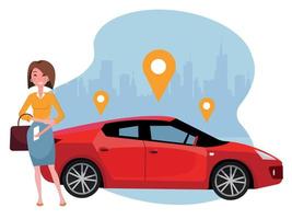 kvinna med smartphone stående nära bil. hyra en bil använder sig av mobil app. uppkopplad samåkning begrepp. sport röd bil på bakgrund av silhuett av stad och geolokalisering tecken.vektor platt tecknad serie illustration vektor