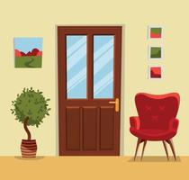 das Innere der Halle mit einer geschlossenen braunen Holztür, einem gemütlichen roten Sessel, einem Baum im Topf und Gemälden an den Wänden. flurinnenraum mit möbeln. flache Cartoon-Stil-Vektor-Illustration. vektor
