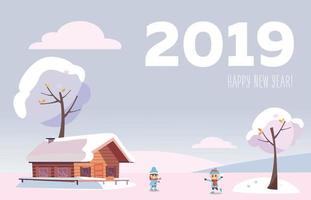 vektor platt kort 2019 Lycklig ny år. vit snöig vinter- landskap med små Land hus och snö täckt träd på de snötäckt kullar i de snöar trän med barn spelar snöboll slagsmål.