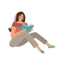 Frau mit dunklen Haaren, die ein Buch liest. isolierte flache Vektorgrafik für Bildung, Buchladen, Zeitschriftenpromo, Modeplakat, Banner, Bibliothekslogo, Symbol, bibliophile Postkarte vektor