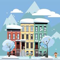 flache karikaturart-vektorillustration einer winterstadtstraße mit bergen. drei-vierstöckige Häuser. schneebedeckte Bäume und fliegende Schneeflocken. tag straßenstadtbild mit spielenden kindern vektor