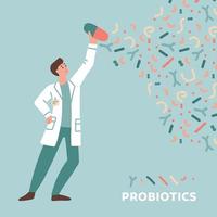 ung läkare innehav apotek piller med probiotika. begrepp av dysbakterios, tarm- mikroflora, mikrobiom, mikrobiota, problem med matsmältning och immunitet. platt hand dragen vektor illustration.