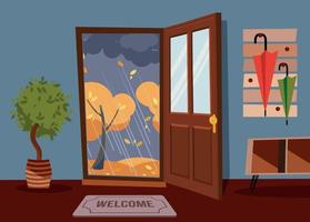 der innere Flur bei geöffneter Tür, eine Garderobe mit Sonnenschirmen und Hausbaum. draußen regnerischer Herbstabend und gelbe Bäume. Wand mit kleinem Schlüsseltisch. flache Cartoon-Vektor-Illustration. vektor