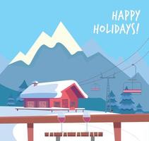Blick vom Skicafe auf einen Tisch mit Rotweingläsern. Skigebiet mit Lift, Bergbahnen, Haus und Winterberglandschaft. flache Cartoon-Stil-Vektor-Illustration. vektor