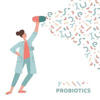 kvinna läkare innehav probiotika kapsel. begrepp probiotika, dysbakterios, tarm- mikroflora, mikrobiom, mikrobiota, problem med matsmältning och immunitet. hand dragen platt vektor illustration