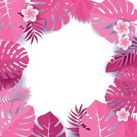 Hintergrund von rosa Palmblättern. Rahmen aus tropischen Monstera-Blättern mit Frangipani-Blüten. tropische grußkarte im papierschnittstil. Dschungel mit Palmen, Blattvektorillustration vektor