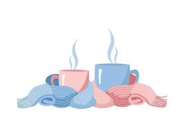 zwei Tassen im Schal. gemütliche Komposition aus 2 Tassen in blauer und rosa Farbe. Tassen, eingewickelt in einen gestrickten warmen Schal. wärmende Atmosphäre für Kaffee- und Teeparty. flache karikaturillustration auf weißem hintergrund vektor