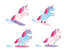 Satz von 4 Einhörnern im Skigebiet. Snowboard Einhorn. süßes einhorn rutscht auf dem snowboard den schneehügel hinunter. einhorn, das abfahrtsski fährt. einhorn auf skiern und mit skistöcken. flache karikaturartillustration vektor