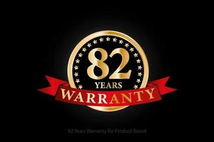 82 Jahre Garantie goldenes Logo mit Ring und rotem Band isoliert auf schwarzem Hintergrund, Vektordesign für Produktgarantie, Garantie, Service, Unternehmen und Ihr Unternehmen. vektor