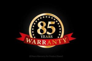 85 Jahre Garantie goldenes Logo mit Ring und rotem Band isoliert auf schwarzem Hintergrund, Vektordesign für Produktgarantie, Garantie, Service, Unternehmen und Ihr Unternehmen. vektor
