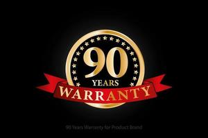 90 Jahre Garantie goldenes Logo mit Ring und rotem Band isoliert auf schwarzem Hintergrund, Vektordesign für Produktgarantie, Garantie, Service, Unternehmen und Ihr Unternehmen. vektor