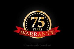75 Jahre Garantie goldenes Logo mit Ring und rotem Band isoliert auf schwarzem Hintergrund, Vektordesign für Produktgarantie, Garantie, Service, Unternehmen und Ihr Unternehmen. vektor