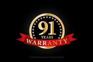 91 Jahre Garantie goldenes Logo mit Ring und rotem Band isoliert auf schwarzem Hintergrund, Vektordesign für Produktgarantie, Garantie, Service, Unternehmen und Ihr Unternehmen. vektor