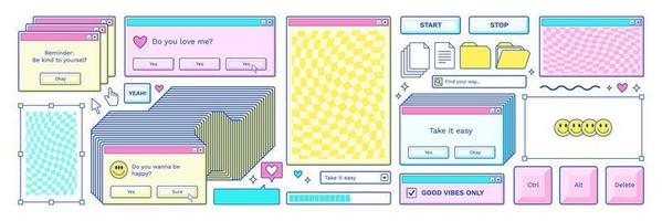 gammal dator estetiska. retro pc element, användare gränssnitt, fönster, ikoner i trendig y2k retro stil. vektor
