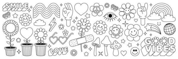 fetzige Hippie-70er-Sticker. lustige karikaturblume, regenbogen, frieden, herz im retro-psychedelischen stil. vektor