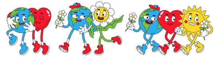 jorden, fred, kärlek i trendig retro tecknad serie stil. rolig klot, hjärta, Sol, planet, blomma tecken med smiley ansikte. vektor