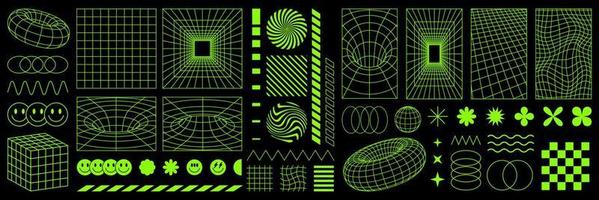 psychedelic retro trogen uppsättning. overkligt geometrisk form, cyberpunk element och perspektiv rutnät. vektor