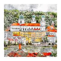 passau Tyskland vattenfärg skiss hand dragen illustration vektor