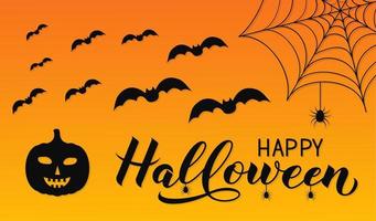 Lycklig halloween kalligrafi hand text med silhuett av pumpa, spindlar och fladdermöss. lätt till redigera vektor mall för hälsning kort, baner, typografi affisch, fest inbjudan, etc.