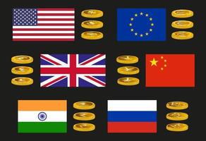 Reihe von Vektorsymbolen der wichtigsten Weltwährungen mit Länderflaggen in Goldtönen vektor