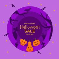 Fröhliches Halloween-Promo-Verkaufsbanner. plakat mit gruseligen kürbissen, fledermaus, rabe, gruseliger nachthintergrund. vektorillustration für web, flyer, gutschein, coupon, sonderangebot, aktionen, blogs, soziale medien vektor