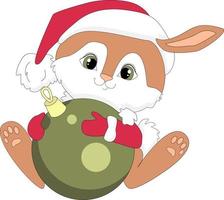 frohe weihnachten und guten rutsch ins neue jahr mit rotem hut des niedlichen kleinen kaninchens weihnachtsmann, weihnachtskugeln. Grußkarte der Saison. Vektor-Cartoon-Illustration vektor