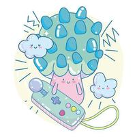 Anime-Pilz mit Joystick und kleinen Wolken vektor