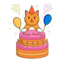süßes cat.kitten in einer festlichen kappe. Geburtstagstorte und Luftballons. herzlichen glückwunsch zum urlaub. Vektor Zeichentrickfigur Strichzeichnungen.