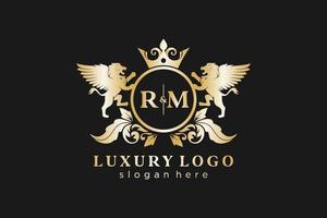 första rm brev lejon kunglig lyx logotyp mall i vektor konst för restaurang, kungligheter, boutique, Kafé, hotell, heraldisk, Smycken, mode och Övrig vektor illustration.