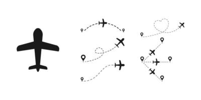 strichlinie des flugzeugflugs. fluglinien linienweg, reiseflüge und flugreisen routen gestrichelte linien vektorillustration vektor