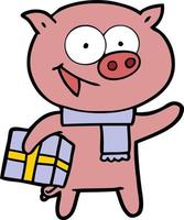 fröhliches schwein mit weihnachtsgeschenk vektor