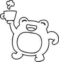 Line Doodle eines glücklichen Frosches mit Morgenkaffee vektor