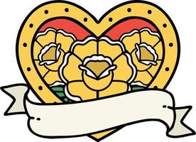 traditionelle Tätowierung eines Herzens und eines Banners mit Blumen vektor