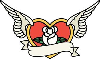 Traditionelle Tätowierung eines fliegenden Herzens mit Blumen und Banner vektor