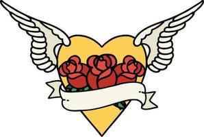 traditionell tatuering av en hjärta med vingar blommor och baner vektor