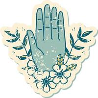 Distressed Sticker Tattoo Style Icon einer Hand und Blume vektor