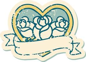 Distressed Sticker Tattoo Stil Ikone eines Herzens und Banner mit Blumen vektor