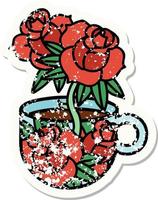 Traditionelles Distressed Sticker Tattoo mit einer Tasse und Blumen vektor